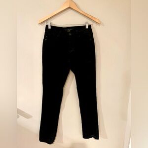 Liverpool Jean Company - Black, velvet pants with subtle leopard print.